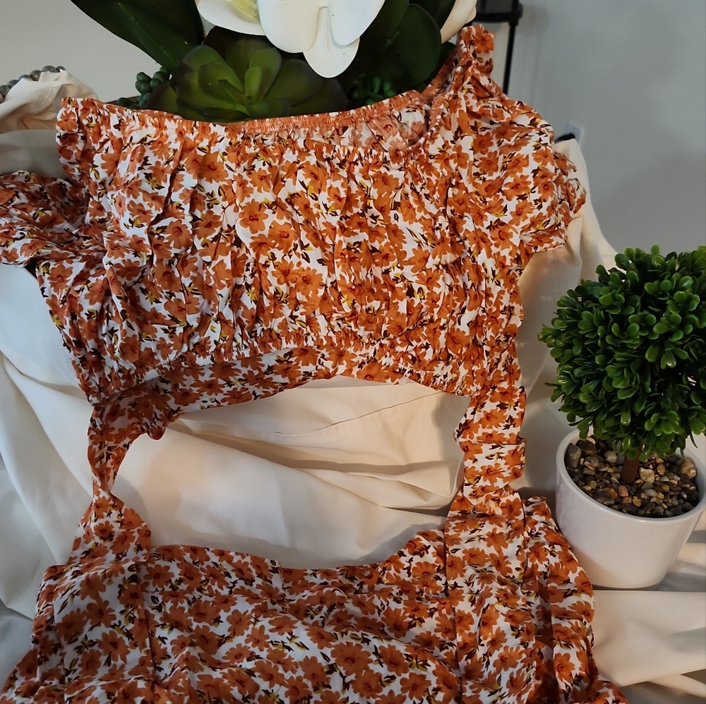 Women's 2 Piece Outfits Floral Self Tie Knot Crop Top and. - Picture 3 of 8